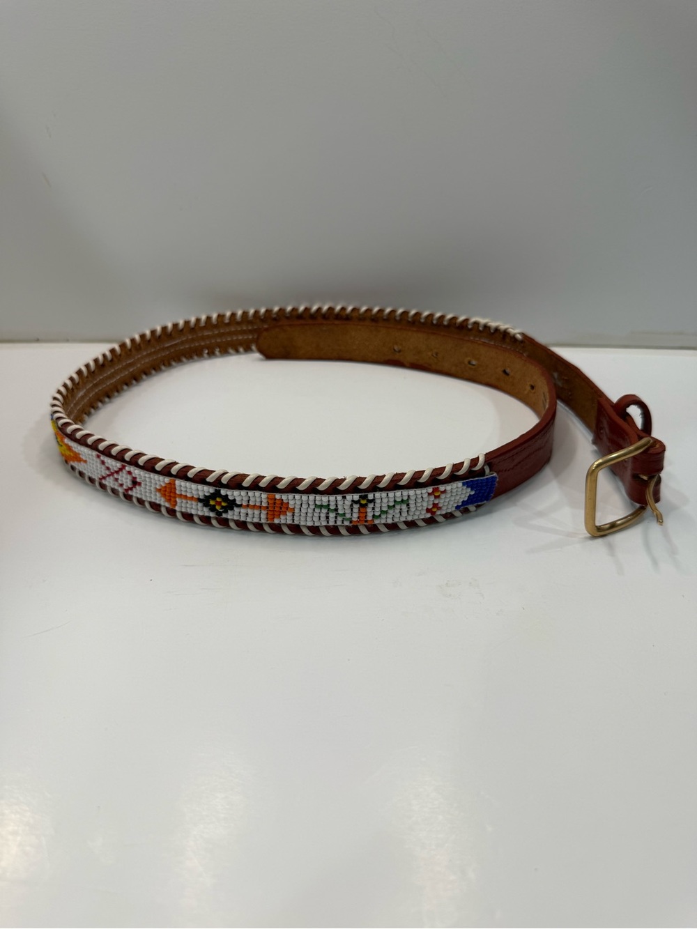 Handcrafted Beaded Brown Genuine Leather Belt western cowboy size 34